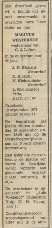 Knalhutteweg 41 M. Westerhof overlijdensadvertentie Tubantia 13-9-1971.jpg