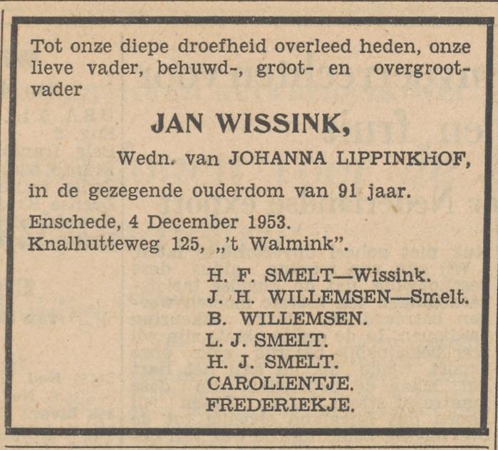 Knalhutteweg 125 't Walmink Jan Wissink overlijdensadvertentie Tubantia 7-12-1953.jpg