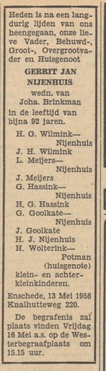 Knalhutteweg 220 G.J. Nijenhuis overlijdensadvertentie Tubantia 14-5-1958.jpg