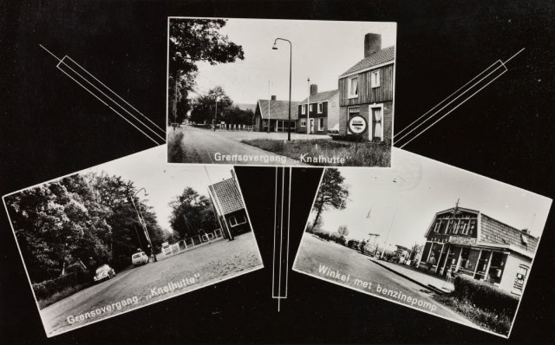Knalhutteweg 387 Collage van afbeeldingen van de grensovergang Knalhutte met o.a. winkel met benzinepomp van O. Veenstra..jpeg