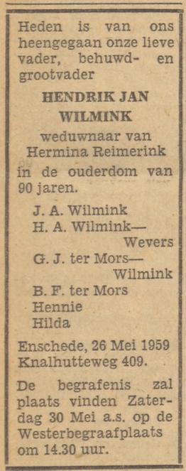 Knalhutteweg 409 H.J. Wilmink overlijdensadvertentie Tubantia 27-5-1959.jpg