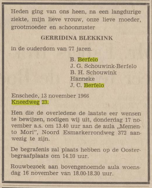 Kneedweg 23 G. Berfelo-Blekkink overlijdensadvertentie Tubantia 14-11-1966.jpg