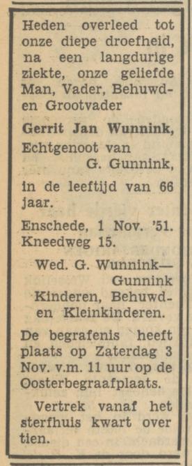 Kneedweg 15 G.J. Wunnink overlijdensadvertentie Tubantia 2-11-1951.jpg