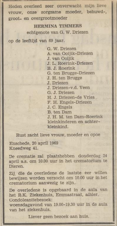 Kneedweg 41 H. Driezen-Timmers overlijdensadvertentie Tubantia 21-4-1969.jpg
