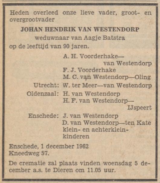 Kneedweg 57 J.H. van Westendorp overlijdensadvertentie Tubantia 3-12-1962.jpg