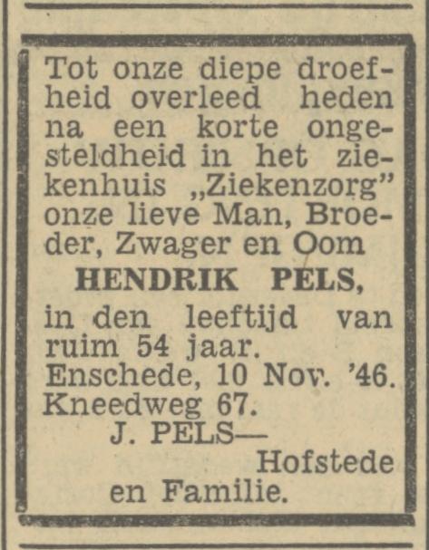 Kneedweg 67 Hendrik Pels overlijdensadvertentie 11-11-1946.jpg
