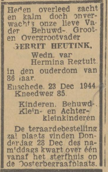Kneedweg 85 Gerrit Heutink overlijdensadvertentie Twentsch nieuwsblad 27-12-1944.jpg