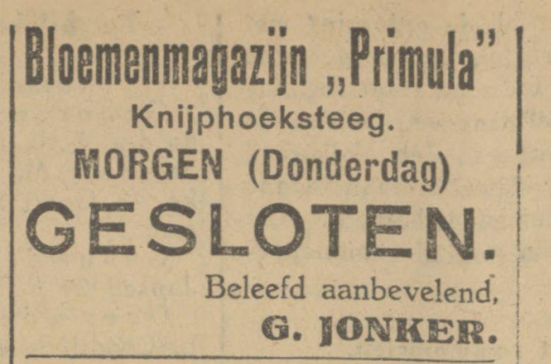 Knijphoeksteeg 1 Bloemenmagazijn Primula G. Jonker advertentie Tubantia 19-10-1927.jpg