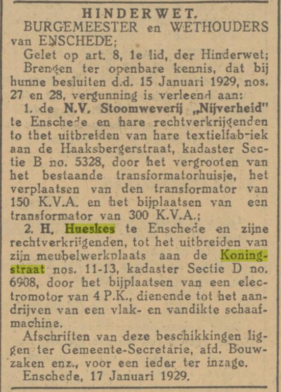 Koningstraat 11-13 H. Hueskes meubelwerkplaats krantenbericht Tubantia 18-1-1929.jpg