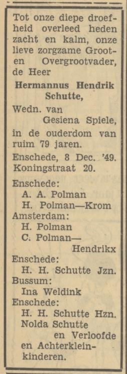Koningstraat 20 H.H. Schutte overlijdensadvertentie Tubantia 10-12-1949.jpg