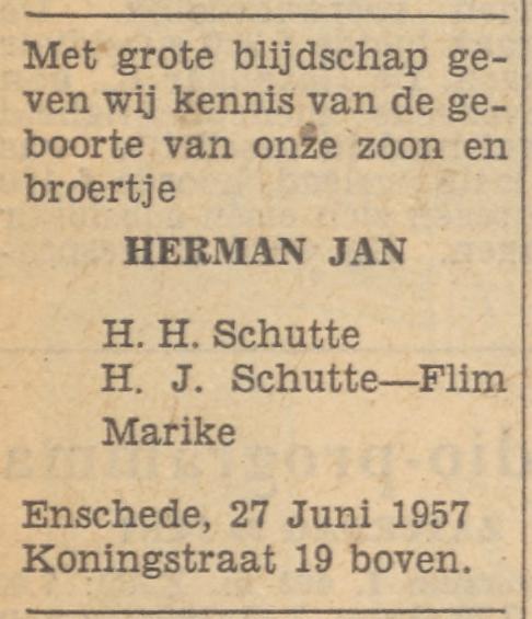 Koningstraat 19 boven H.H. Schutte advertentie  Tubantia 28-6-1957.jpg