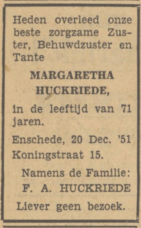 Koningstraat 15 M. Huckriede overlijdensadvertentie Tubantia 20-12-1951.jpg