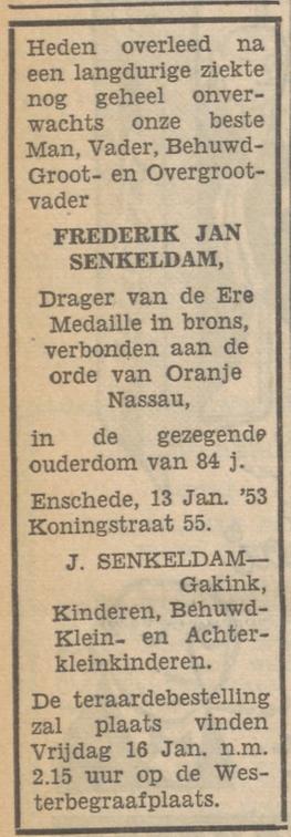 Koningstraat 55 F.J. Senkeldam overlijdensadvertentie Tubantia 14-1-1953.jpg