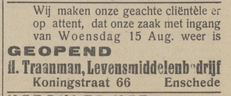 Koningstraat 45 Levensmiddelenbedrijf H. Traanman advertentie Het Parool 14-8-1945.jpg