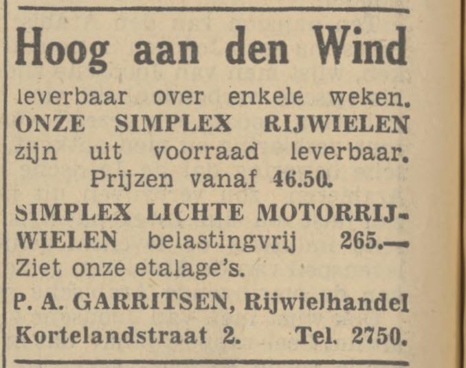 Kortelandstraat 2 rijwielhandel P.A. Garritsen advertentie Tubantia 15-2-1939.jpg
