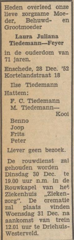 Kortelandstraat 18 L.J. Tiedemann-Feijer overlijdensadvertentie Tubantia 29-12-1952.jpg
