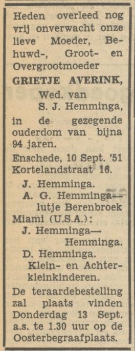 Kortelandstraat 16 Wed. G. Hemminga-Averink overlijdensadvertentie Tubantia 11-9-1951.jpg