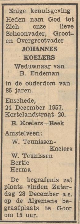Kortelandstraat 20 Johannes Koelers overlijdensadvertentie Tubantia 27-12-1957.jpg