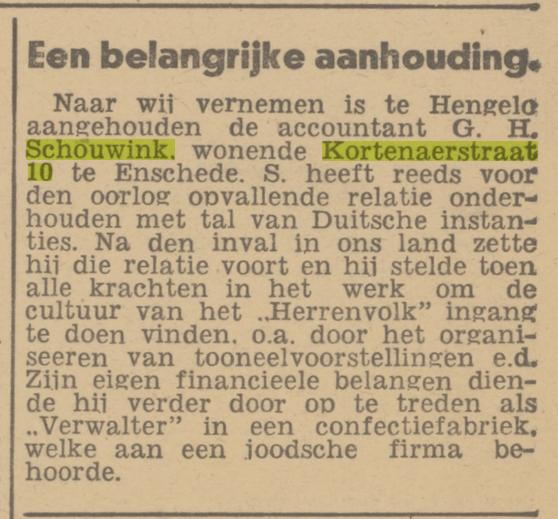 Kortenaerstraat 10 G.H. Schouwink accountant krantenbericht Trouw 25-4-1945.jpg