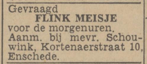 Kortenaerstraat 10 Mevr. Schouwink advertentie Twentsch nieuwsblad 1-3-1943.jpg