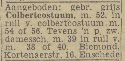 Kortenaerstraat 16 Biemond advertentie Twentsch nieuwsblad 8-9-1943.jpg