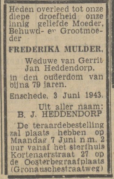 Kortenaerstraat 27 Wed. Fr. Heddendorp-Mulder overlijdensadvertentie Twentsch nieuwsblad 4-6-1943.jpg