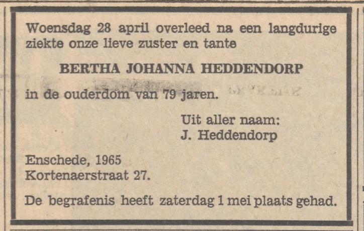 Kortenaerstraat 27 B.J. Heddendorp overlijdensadvertentie Tubantia 3-5-1965.jpg