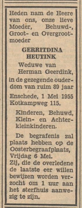 Kotkampweg 115 Wed. G, Geerdink-Heutink overlijdensadvertentie Tubantia 13-5-1955.jpg