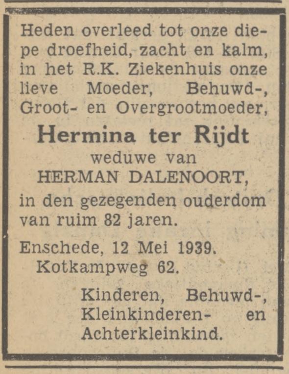 Kotkampweg 62 Wed. H. Dalenoort-Ter Rijdt overlijdensadvertentie Tubantia 13-5-1939.jpg