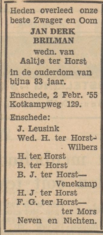 Kotkampweg 129 J.D. Brilman overlijdensadvertentie Tubantia 4-2-1955.jpg