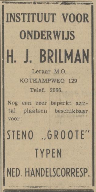 Kotkampweg 129 H.J. Brilman leraar M.O. advertentie Tubantia 22-8-1942.jpg