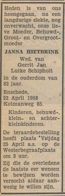Kotmanweg 85 Wed. J. Lutke Schipholt-Hietbrink overlijdensadvertentie Tubantia 23-4-1958.jpg
