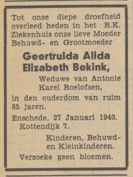 Kottendijk 7 Wed. G.A.E. Roelofsen-Bekink overlijdensadvertentie Tubantia 29-1-1940.jpg