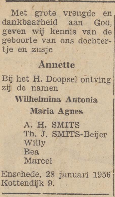 Kottendijk 9 Th.J. Smits-Beijer advertentie Twentsche3 courant 30-1-1956.jpg