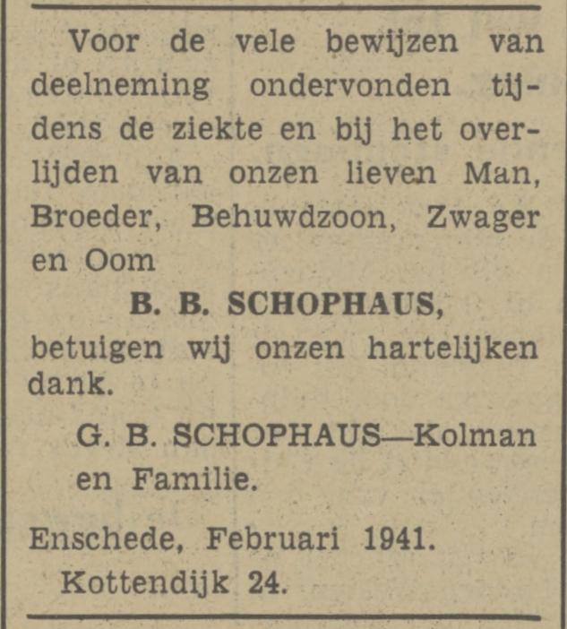Kottendijk 24 B.B. Schophaus advertentie Tubantia 22-2-1941.jpg