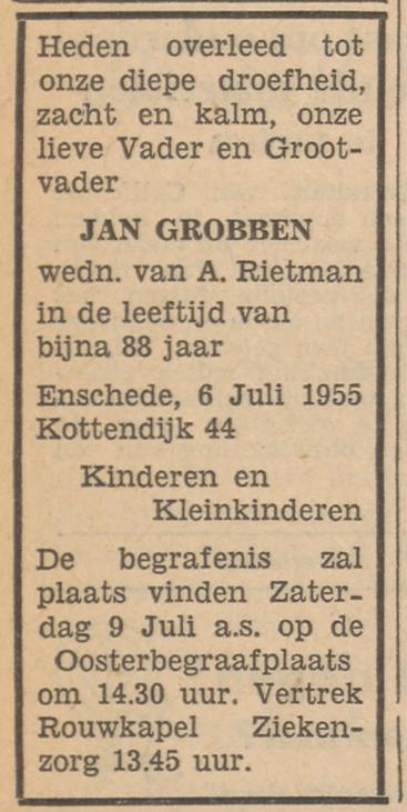 Kottendijk 44 J. Grobben overlijdensadvertentie Tubantia 7-7-1955.jpg