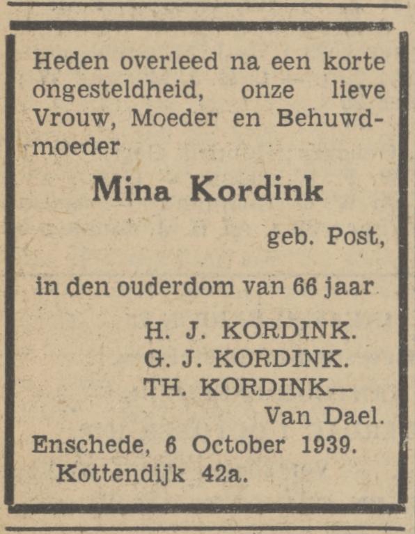 Kottendijk 42a M. Kordink-Post overlijdensadvertentie Tubantia 7-10-1939.jpg