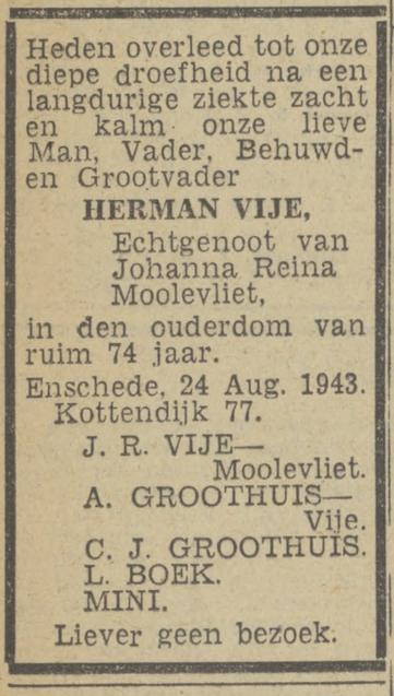 Kottendijk 77 Herman Vije overlijdensadvertentie Tubantia 26-8-1943.jpg