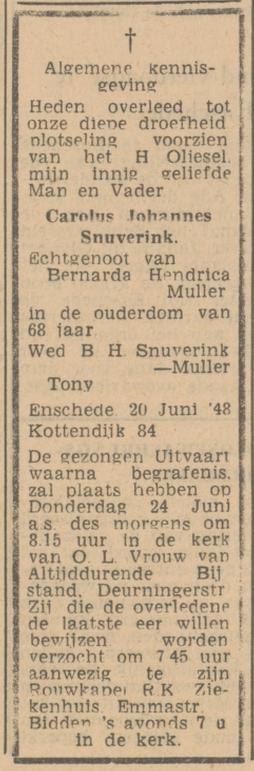 Kottendijk 84 C.J. Snuverink overlijdensadvertentie Tubantia 21-6-1948.jpg