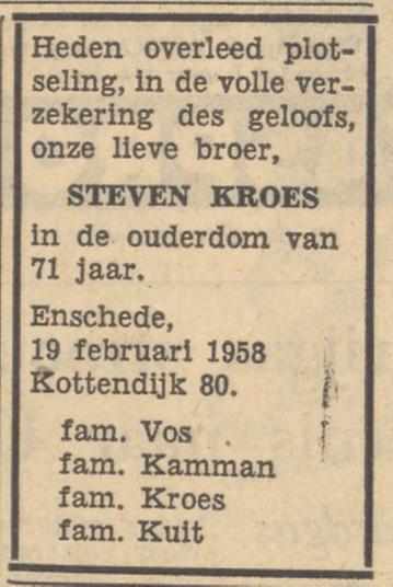 Kottendijk 80 Steven Kroes overlijdensadvertentie Tubantia 21-2-1958.jpg