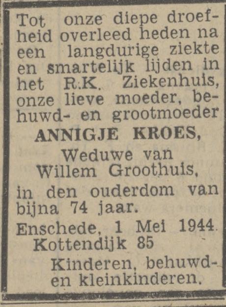 Kottendijk 85 Wed. A. Groothuis-Kroes overlijdensadvertentie Twentsch nieuwsblad 3-5-1944.jpg
