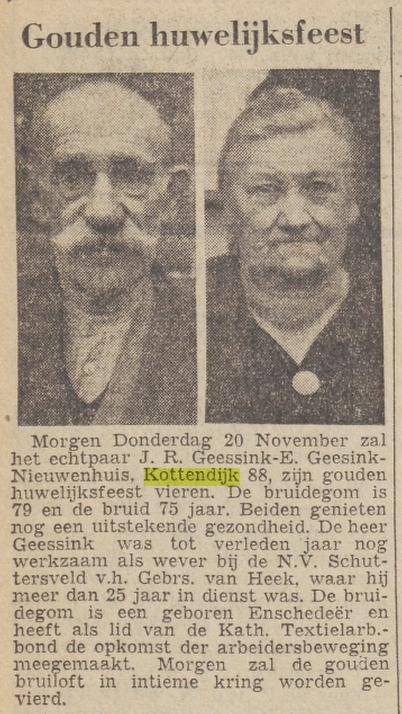 Kottendijk 88 echtpaar J.H. Geessink en E. Geessink-Nieuwenhuis krantenbericht Tubantia 19-11-1952.jpg