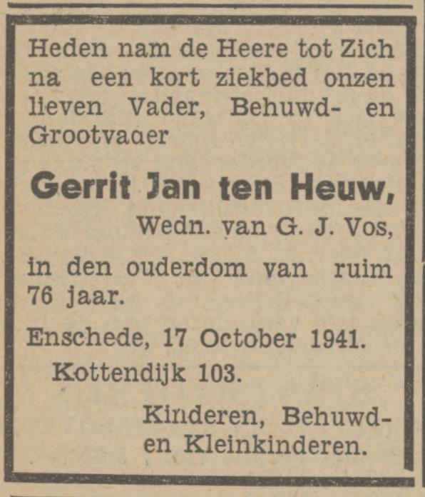 Kottendijk 103 G.J. ten Heuw overlijdensadvertentie Tubantia 17-10-1941.jpg