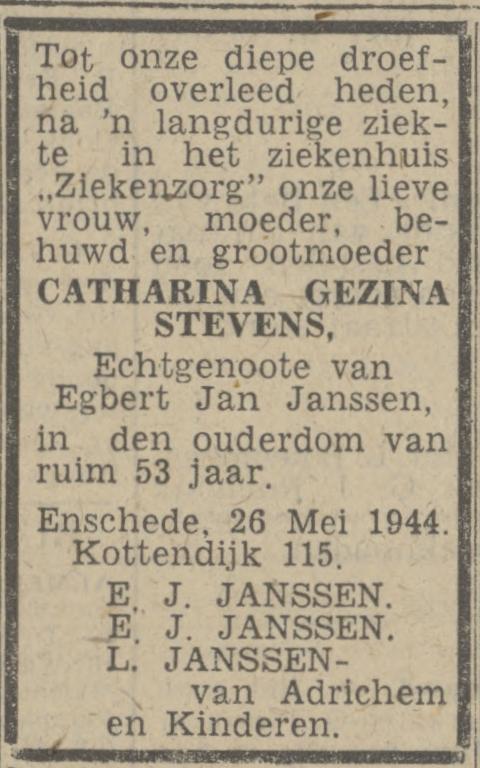 Kottendijk 115 C.G. Janssen-Stevens overlijdensadvertentie Twentsch nieuwsblad 27-5-1944.jpg
