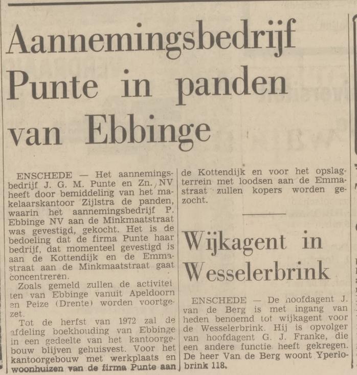 Minkmaatstraat 112 Aannemingsbedrijf J.G.M. Punte en Zn. N.V. in  pand Aaannemingsbedrijf P. EbbingeN.V  krantenbericht Tubantia 19-11-1974.jpg