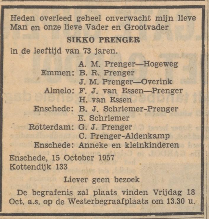 Kottendijk 133 S. Prenger overlijdensadvertentie Tubantia 16-10-1957.jpg