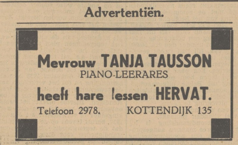 Kottendijk 135 Mevr. Tanja Tausson pianolerares advertentie Tubantia 6-9-1934.jpg