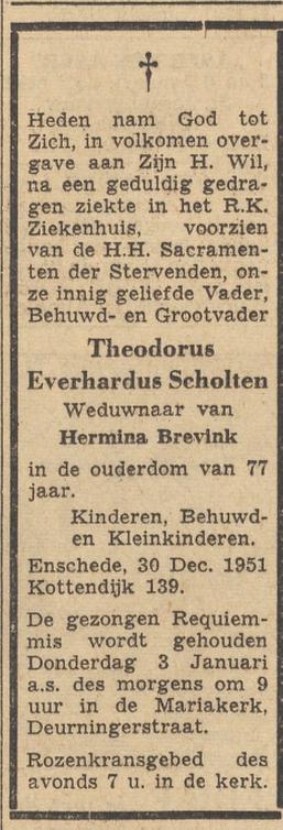 Kottendijk 139 Th.E. Scholten overlijdensadvertentie Twentsche courant 2-1-1952.jpg
