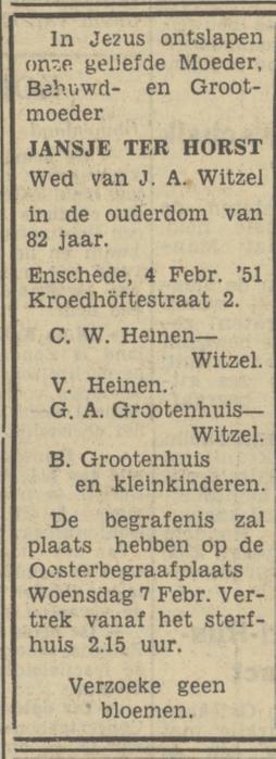 Kroedhöftestraat 2 Wed. J. Witzel-ter Horst overlijdensadvertentie Tubantia 5-2-1951.jpg