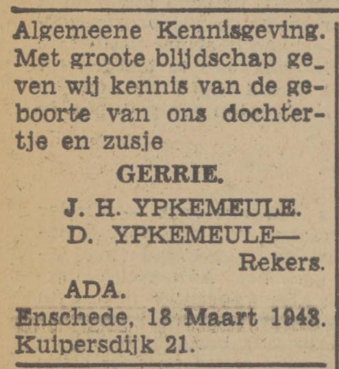 Kuipers 21 J.H. Ypkemeule advertentie Twentsch nieuwsblad 19-3-1943.jpg